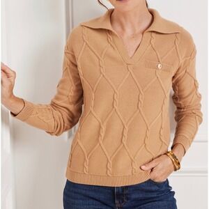 Talbots Sweater L PETITE Tan Cable Knit Collared Old Money Timeless Quiet Luxury